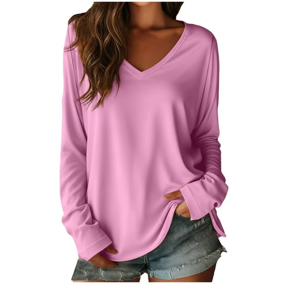 Posijego Women's Basic Long Sleeve Shirts V Neck Casual Dressy Blouses Lightweight Solid Color Loose Spring Tops