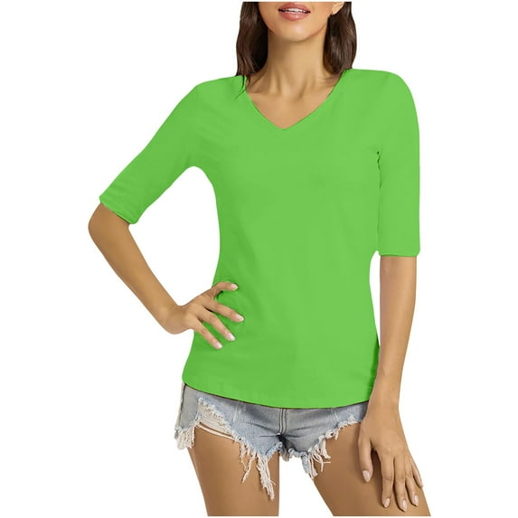 Posijego Women's Basic Tee Tops V Neck Plain Short Sleeve Shirts for Women Casual Summer Plus Size Tshirts