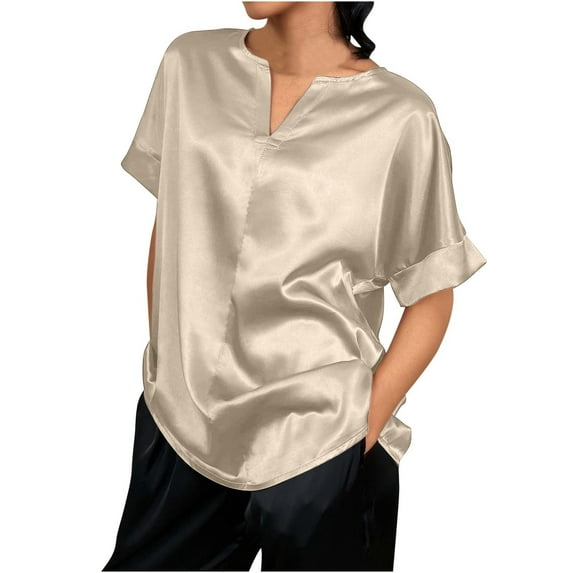 Posijego Women's Blouses Satin Silk V Neck Short Sleeve T-Shirts for Women Summer Casual Work Shirts Tops
