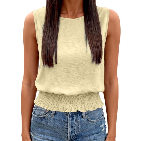Posijego Women's Boho Tank Tops Elastic Smocked Waist Sleeveless Casual Summer Linen Tank Tops for Women
