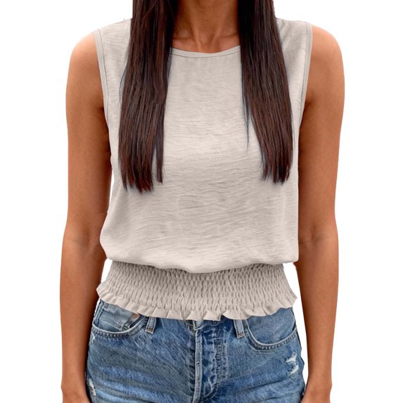 Posijego Women's Boho Tank Tops Elastic Smocked Waist Sleeveless Casual Summer Linen Tank Tops for Women