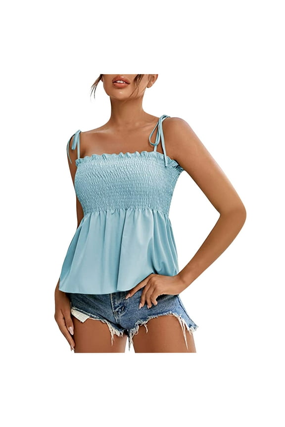 Women's Boho Tank Tops Spaghetti Strap Smocked Camisole Casual Beach Vacation Tanks Blouses
