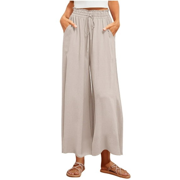 Posijego Womens Wide Leg Pants High Waist Drawstring Lounge Pants Loose Flowy Beach Pants with Pockets