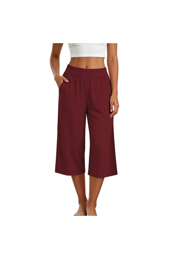 Women's Capri Pants Elastic High Waist Wide Leg Pants Summer Capris Athletic Yoga Sweat Cropped Pants with Pockets