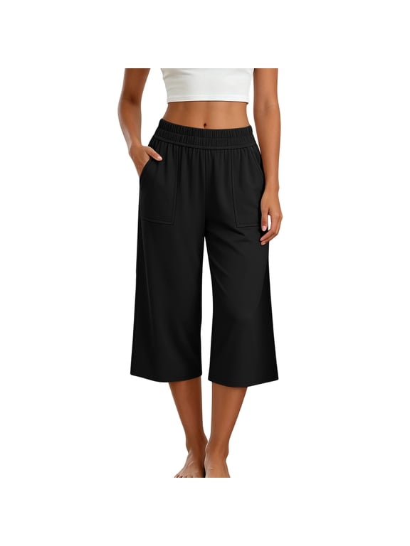 Women's Capri Pants Elastic High Waist Wide Leg Pants Summer Capris Athletic Yoga Sweat Cropped Pants with Pockets