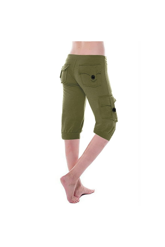 Women's Cargo Capris Low Waist Plus Size Capri Pants Summer Yoga Leggings with Flap Pockets