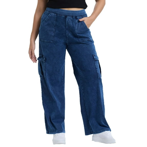 Posijego Women's Cargo Jeans Elastic High Waist Wide Leg Baggy Denim Pants Trendy Jean Pants with Pockets XL-4XL