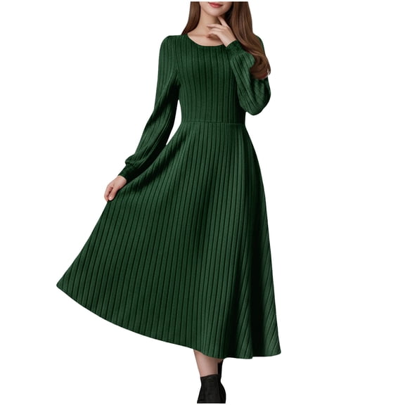 Posijego Women's Casual Dresses Knit Sweater Dress Long Sleeve Midi Dress Crew Neck A-Line Spring Dress