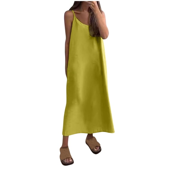 Posijego Women's Casual Maxi Dresses Spaghetti Straps Flowy Vacation Dresses Solid Color Loose Long Dress S-5XL