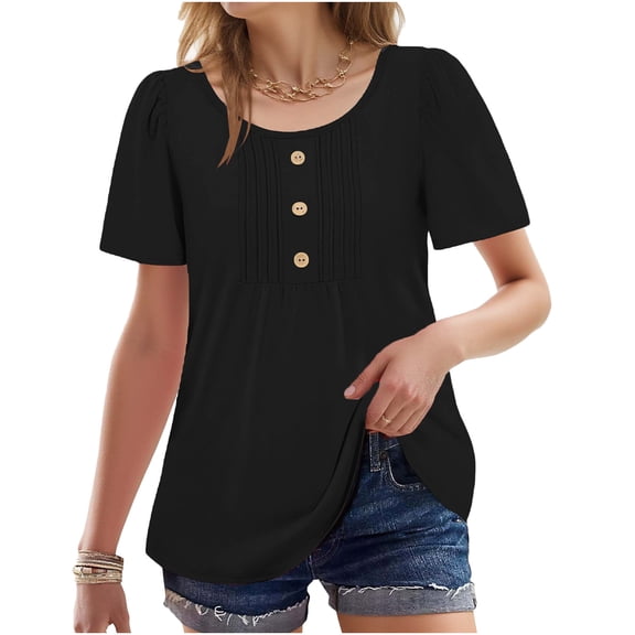 Posijego Women's Casual Tunic Tops with Leggings Round Neck Dressy Button Pleated Loose Blouses Summer Clothes