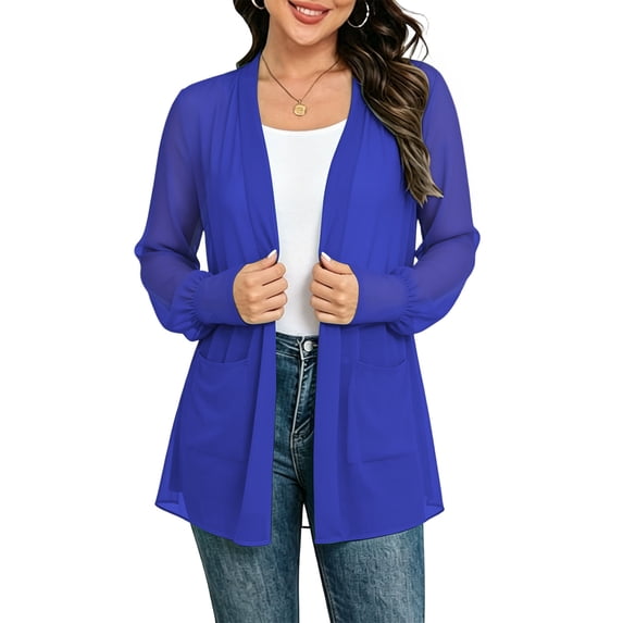 Posijego Women's Chiffon Cardigans See Through Long Sleeve Open Front Cardigan Lightweight Summer Cardigans with Pockets