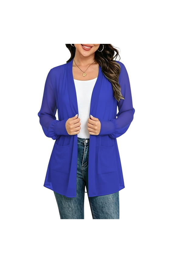 Women's Chiffon Cardigans See Through Long Sleeve Open Front Cardigan Lightweight Summer Cardigans with Pockets