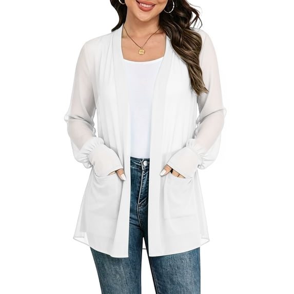 Posijego Women's Chiffon Cardigans See Through Long Sleeve Open Front Cardigan Lightweight Summer Cardigans with Pockets