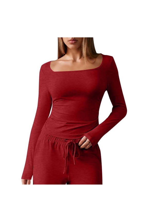 Women's Crop T Shirts Square Neck Long Sleeve Shirt Plain Basic Tee Fall Tops Going out Tight Shirts