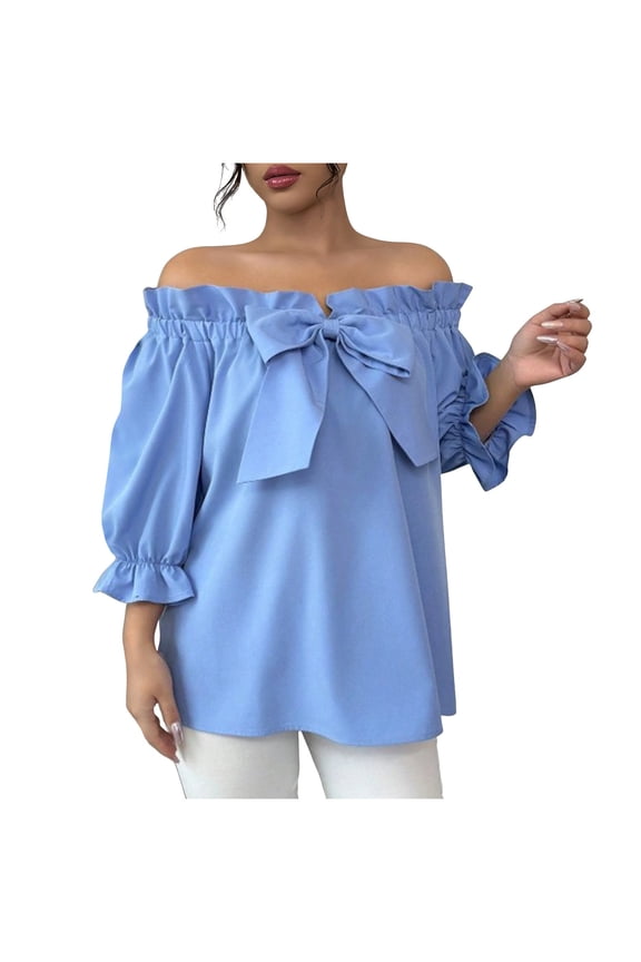 Women's Cute Blouse Ruffle off Shoulder Short Sleeve Tunic Tops with Bow Front Party Going out Shirts