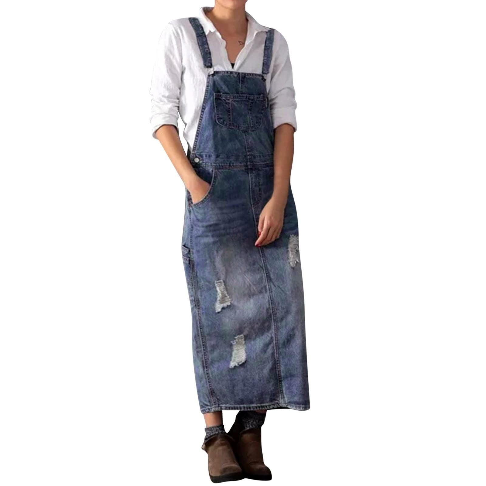 Long jean overall dress hot sale