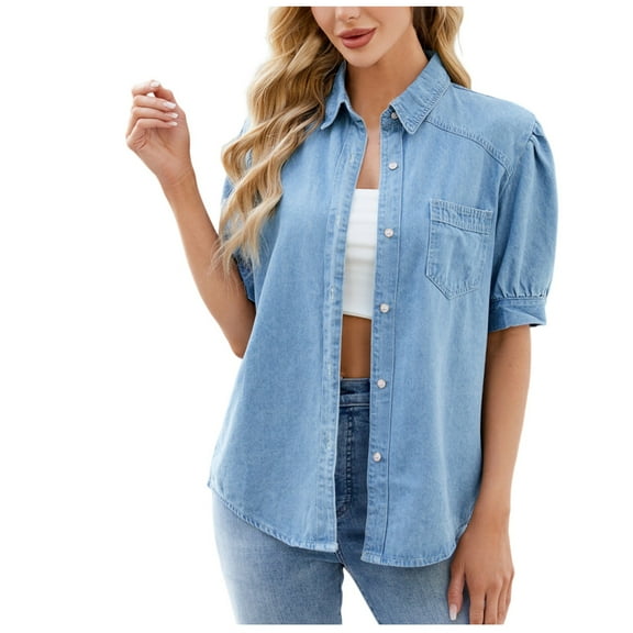 Posijego Women's Denim Shirts Short Sleeve Button down Shirt Collared Casual Summer Tops Womens Clothes