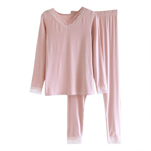 Posijego Women's Fall Pajama Sets Lace V Neck Long Sleeve Shirt and Pants Set Ladies 2 Piece Loungewear