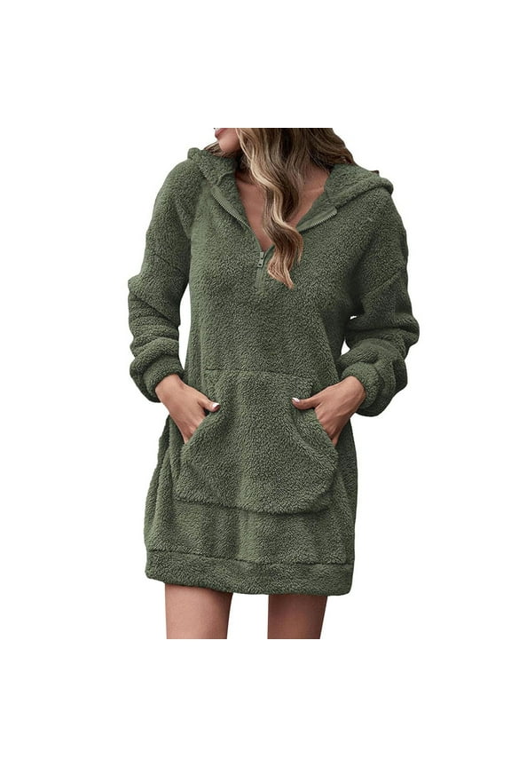 Women's Fleece Hoodie Dress Half Zipper Long Sleeve Hooded Mini Dresses with Pocket Casual Dresses