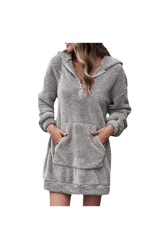 Women's Fleece Hoodie Dress Half Zipper Long Sleeve Hooded Mini Dresses with Pocket Casual Dresses
