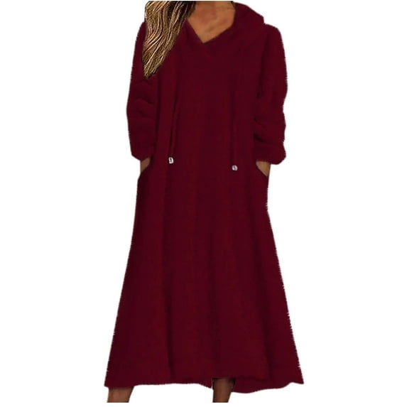 Posijego Women's Fleece Hoodie Dress Long Sleeve Hooded Sweatshirt Dress Sherpa Fuzzy Nightgown Loungewear
