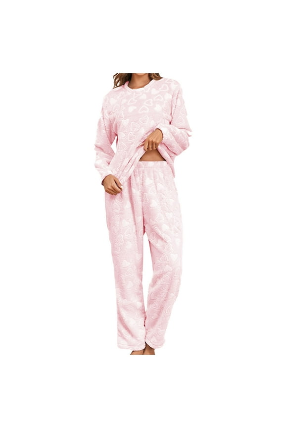 Women's Fleece Soft Pajama Sets Heart Long Sleeve Sleepwear Pants Two Piece Loungewear PJs Sets