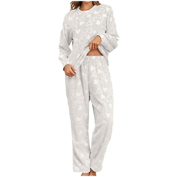 Posijego Women's Fleece Soft Pajama Sets Heart Long Sleeve Sleepwear Pants Two Piece Loungewear PJs Sets
