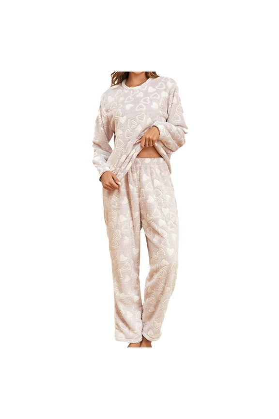 Women's Fleece Soft Pajama Sets Heart Long Sleeve Sleepwear Pants Two Piece Loungewear PJs Sets