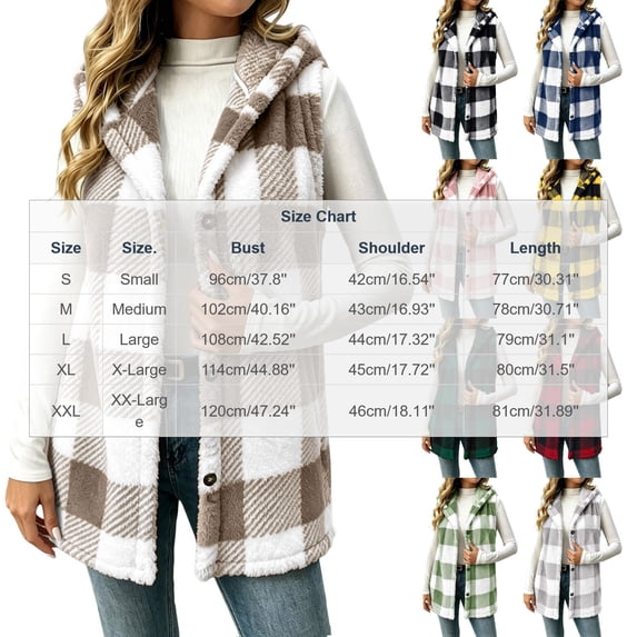 Posijego Women's Fleece Vest Jackets Hooded Waistcoats Plaid Print Sleeveless Vests Outerwear Christmas Vest Tops