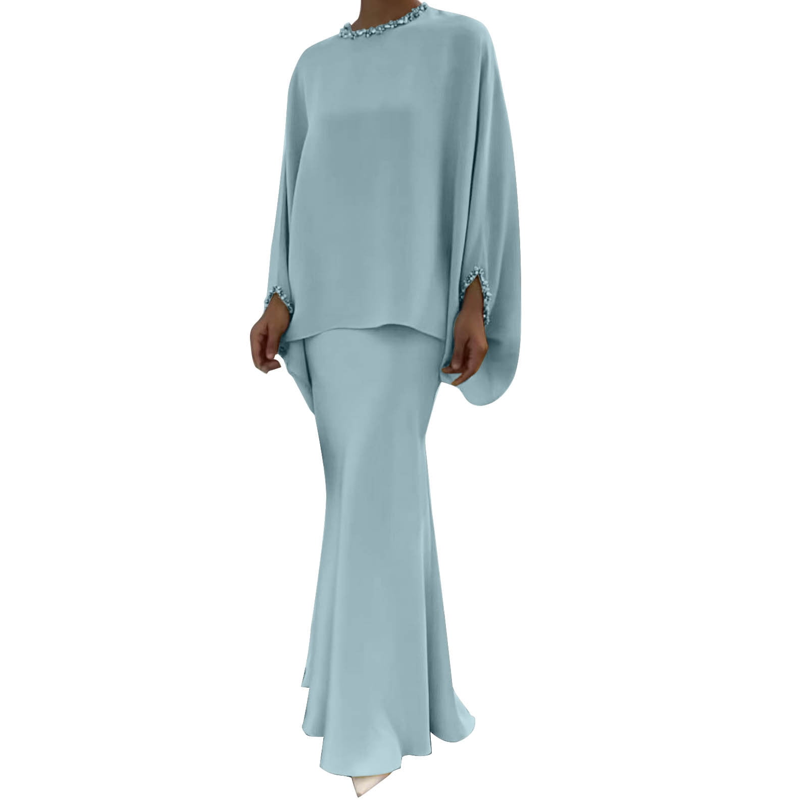 Posijego Women's Formal Party 2 Piece Outfits Long Sleeve Flowy Tops and Long Maxi Skirt Sets Clubwear