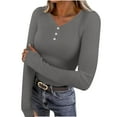 thumbnail image 1 of Posijego Women's Going out T-Shirt with Thumbhole Ribbed Long Sleeve Button V Neck Plain Basic Tee Tight Shirts, 1 of 9