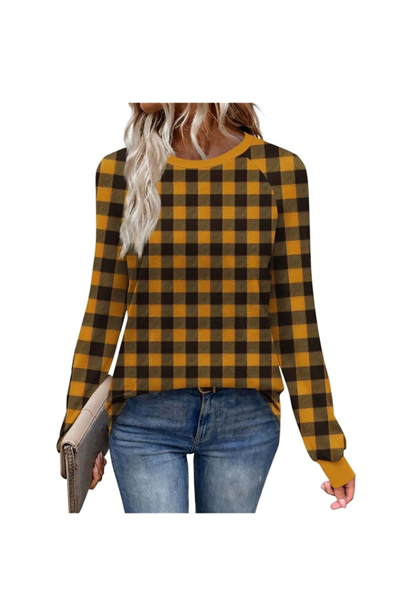 Women's Graphic T-Shirts Plaid Printed Long Sleeve Shirt Crew Neck Casual Tunic Tops with Leggings