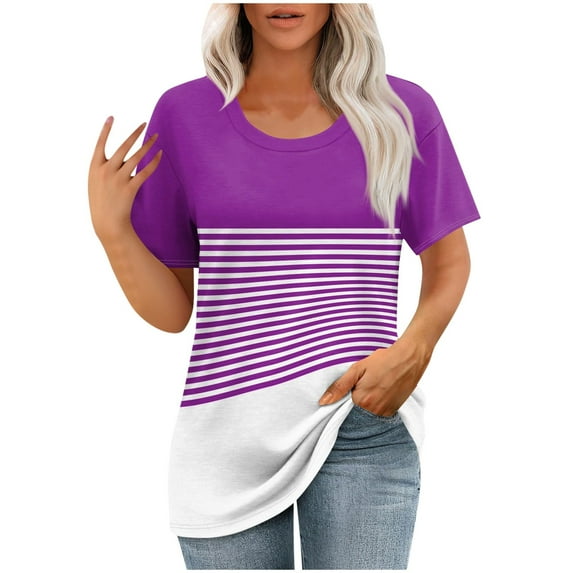 Posijego Women's Graphic T-Shirts Striped Color Block Short Sleeve Shirts Crew Neck Casual Loose Tunic Tops