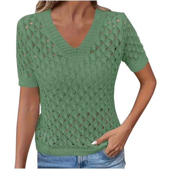 Posijego Women's Knit Sweater Short Sleeve Tops Summer Cutout Knit Pullover Sweaters Beach Vacation Tunic Tops