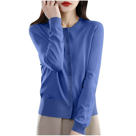 Posijego Women's Lightweight Cardigan Sweater Button Crewneck Long Sleeve Fall Thin Cardigans for Women