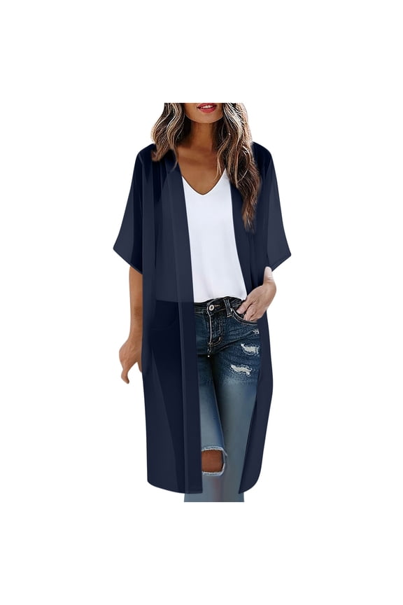 Women's Long Cardigan Chiffon Open Front Short Sleeve Summer Lightweight Casual Beach Coverups Outerwear