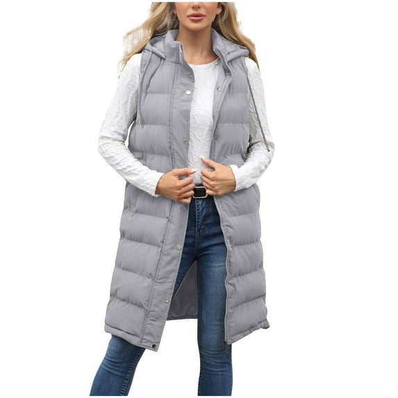 Posijego Women's Long Puffer Vests Hooded Winter Warm Sleeveless Outerwear Vest with Pockets Plus Size