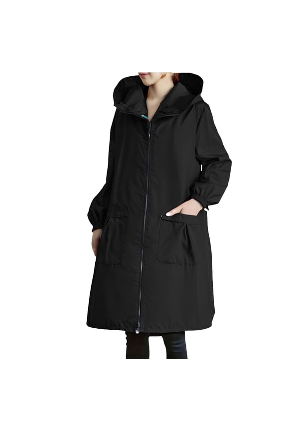 Women's Long Rain Jacket Lightweight Hooded Zipper Raincoat Windbreaker Outerwear with Pockets