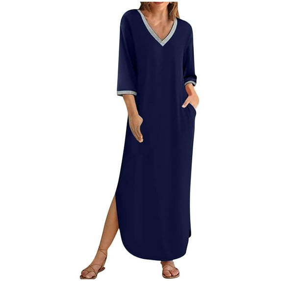 Posijego Women's Long Sleepshirt V Neck Long Sleeve Nightdress Soft Sleepwear Nightgowns with Pockets