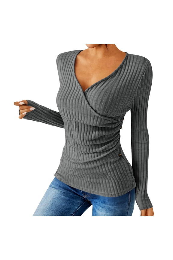 Women's Long Sleeve T Shirts Wrap V Neck Ruffled Side Blouse Slim Basic Tee Tops Trendy Clothes