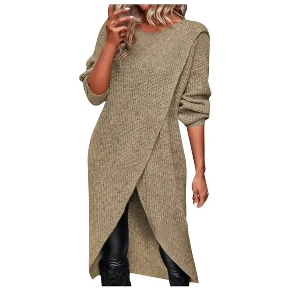 Posijego Women's Long Sweater Lightweight Long Sleeve Crew Neck Casual Knit Pullover Sweaters Split Hem