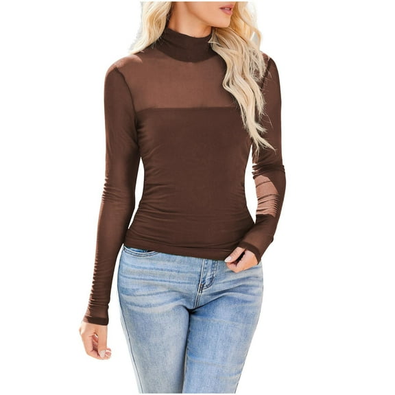Posijego Women's Mesh Long Sleeve Shirts Turtleneck Going out Tee Trendy Party Club Blouses Womens Clothes