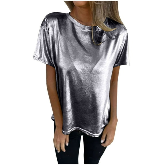 Posijego Women's Metallic Shiny Shirts Sparkly Short Sleeve T-Shirts Club Evening Party Tops Clubwear