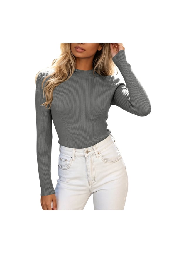 Women's Mock Neck Long Sleeve Shirts Ribbed Slim Knit Tops Base Layering Undershirts Tees Shirts Women Tops