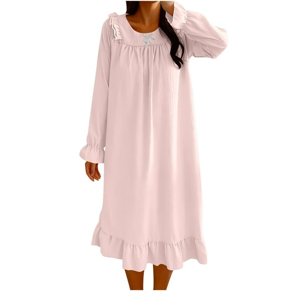 Posijego Women's Nightgowns Long Sleeve Ruffle Crew Neck Casual Nightdress Lightweight Nightgown Dresses
