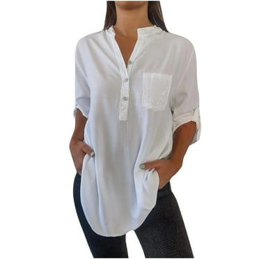 Posijego Women's Oversized Shirts Sequins V Neck Button up Short Sleeve Shirt Trendy Party Tops Clubwear