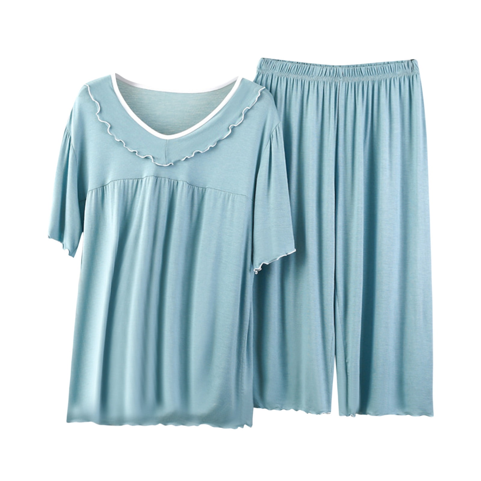 PrinStory Womens Pajama Set Short Sleeve Shirt and capri Pants Sleepwear Pjs  Sets with Pockets FP-Mix Blue-Medium