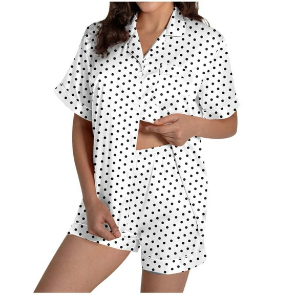 Posijego Women's Pajama Sets Short Sleeve Button down Shirts Polka Dot Print Shorts Pj Sets Loungewear