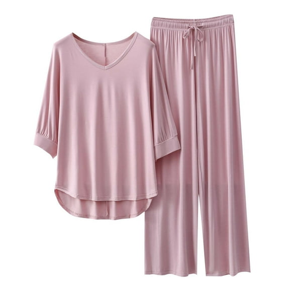 Posijego Women's Pajamas V Neck 3/4 Sleeves and Long Pants Pjs Set Summer 2 Piece Lounge Sets Sleepwear