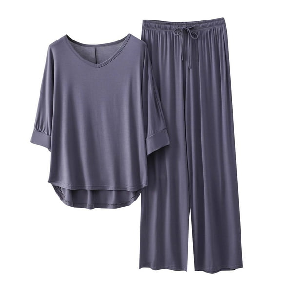 Posijego Women's Pajamas V Neck 3/4 Sleeves and Long Pants Pjs Set Summer 2 Piece Lounge Sets Sleepwear